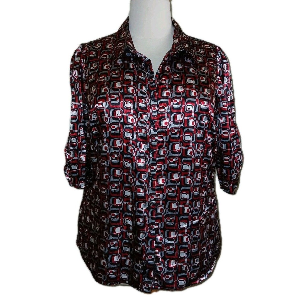 STUDIO 1940 Women 18/20W Satin Sequin Holiday Ruching Red Geo Print Top Blouse